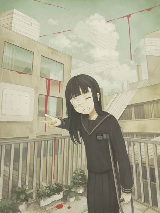 bandage, black_hair, blood, cloud, clouds, crutch, eyepatch, happy