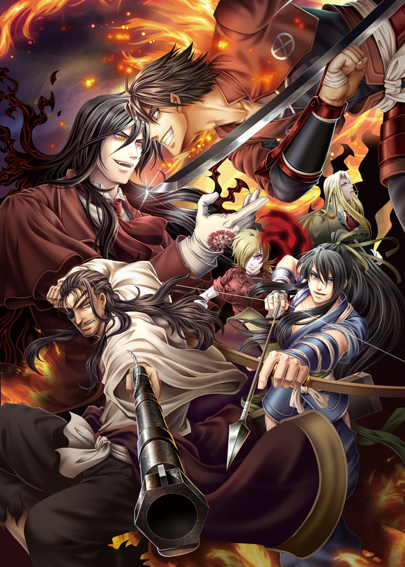 alucard_(hellsing), androgynous, arrow, black_hair, blonde_hair, blue_eyes, bow_(weapon), crossover
