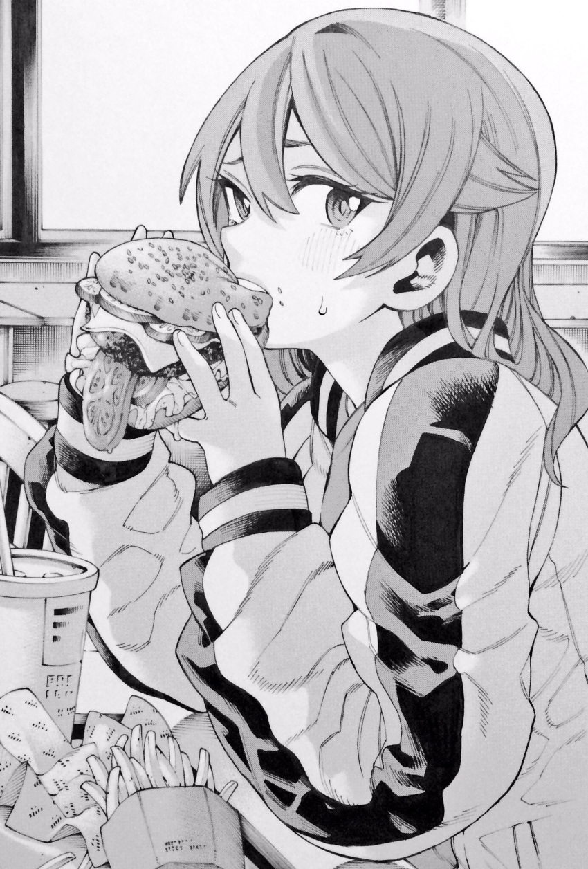 1girl, eating, enokida_mai, food, greyscale, hamburger, highres, long_hair