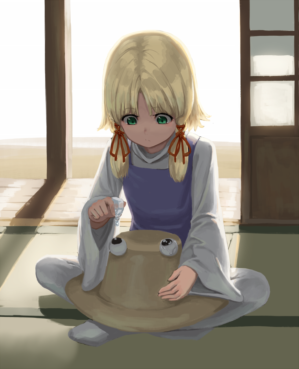 1girl, backlighting, blonde_hair, eyedrops, full_body, green_eyes, hair_ribbon, hat