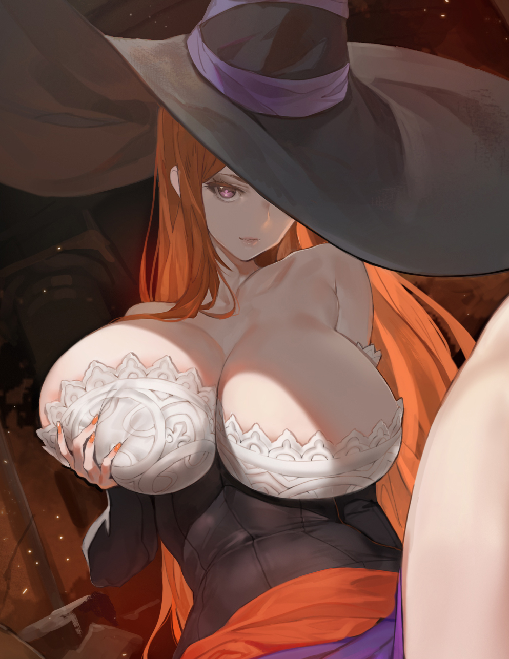 1girl, bare_shoulders, breast_grab, breasts, brown_hair, cleavage, detached_sleeves, dragon's_crown