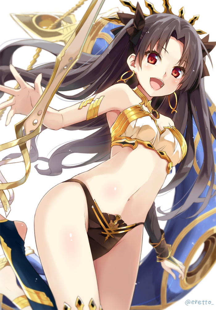 1girl, bangs, bare_shoulders, black_gloves, black_hair, black_panties, black_ribbon, breasts, bridal_gauntlets, earrings, elbow_gloves, eretto, eretto_(style), fate/grand_order, fate_(series), gloves, hair_ribbon, hoop_earrings, ishtar_(fate/grand_order), jewelry, long_hair, looking_at_viewer, medium_breasts, navel, open_mouth, panties, parted_bangs, red_eyes, ribbon, single_elbow_glove, single_thighhigh, smile, solo, stomach, thigh-highs, tohsaka_rin, twitter_username, two_side_up, underwear, very_long_hair