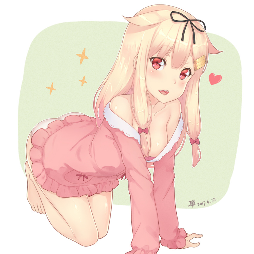 1girl, :d, adam700403, all_fours, barefoot, black_ribbon, blonde_hair, blush