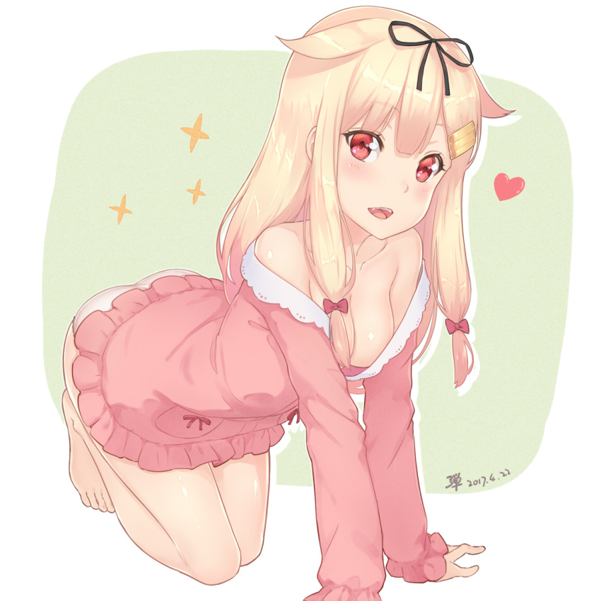 1girl, :d, adam700403, all_fours, barefoot, black_ribbon, blonde_hair, blush