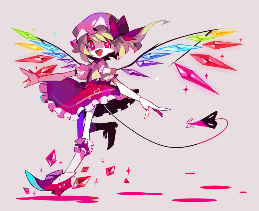 1girl, amakusa, ascot, blonde_hair, crystal, fangs, flandre_scarlet, full_body