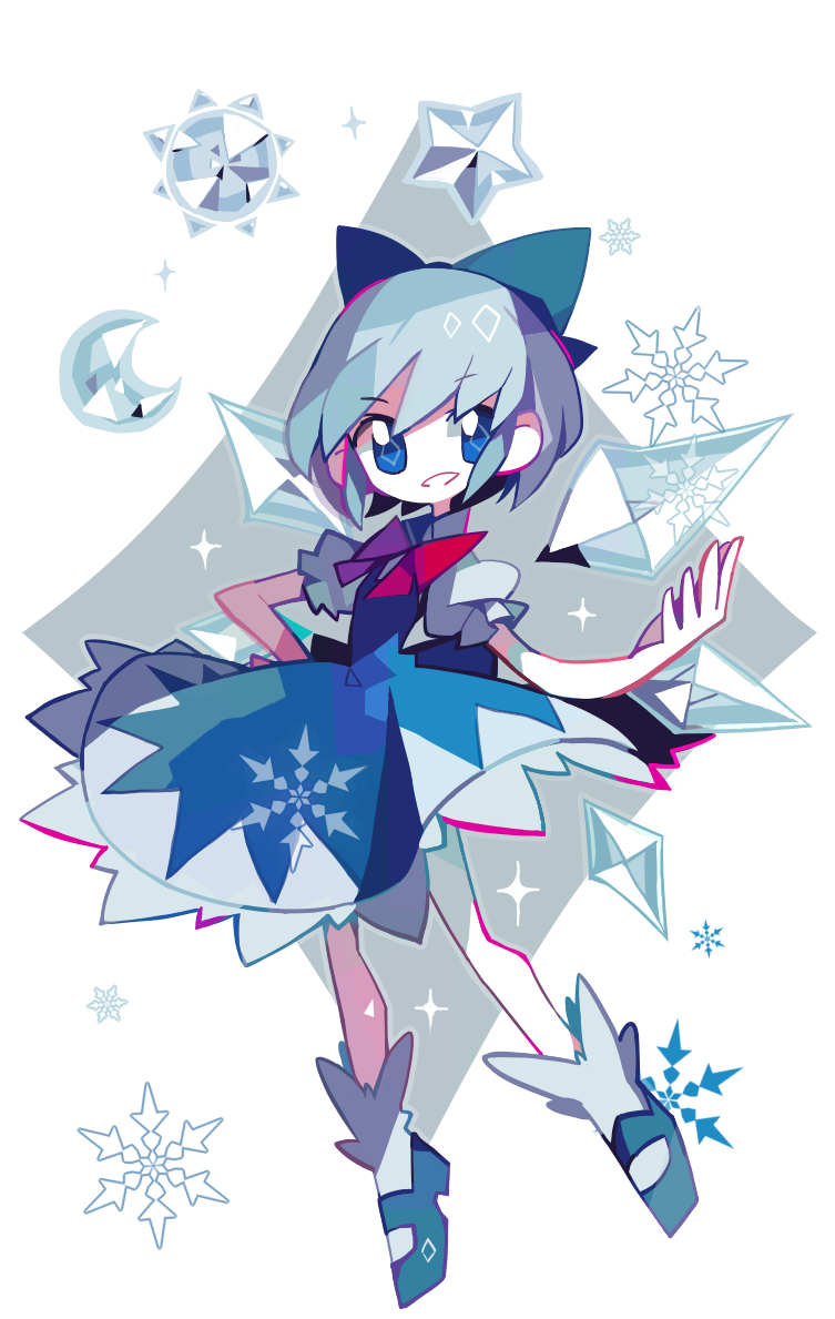 1girl, amakusa, blue_dress, blue_eyes, blue_hair, cirno, crescent, dress