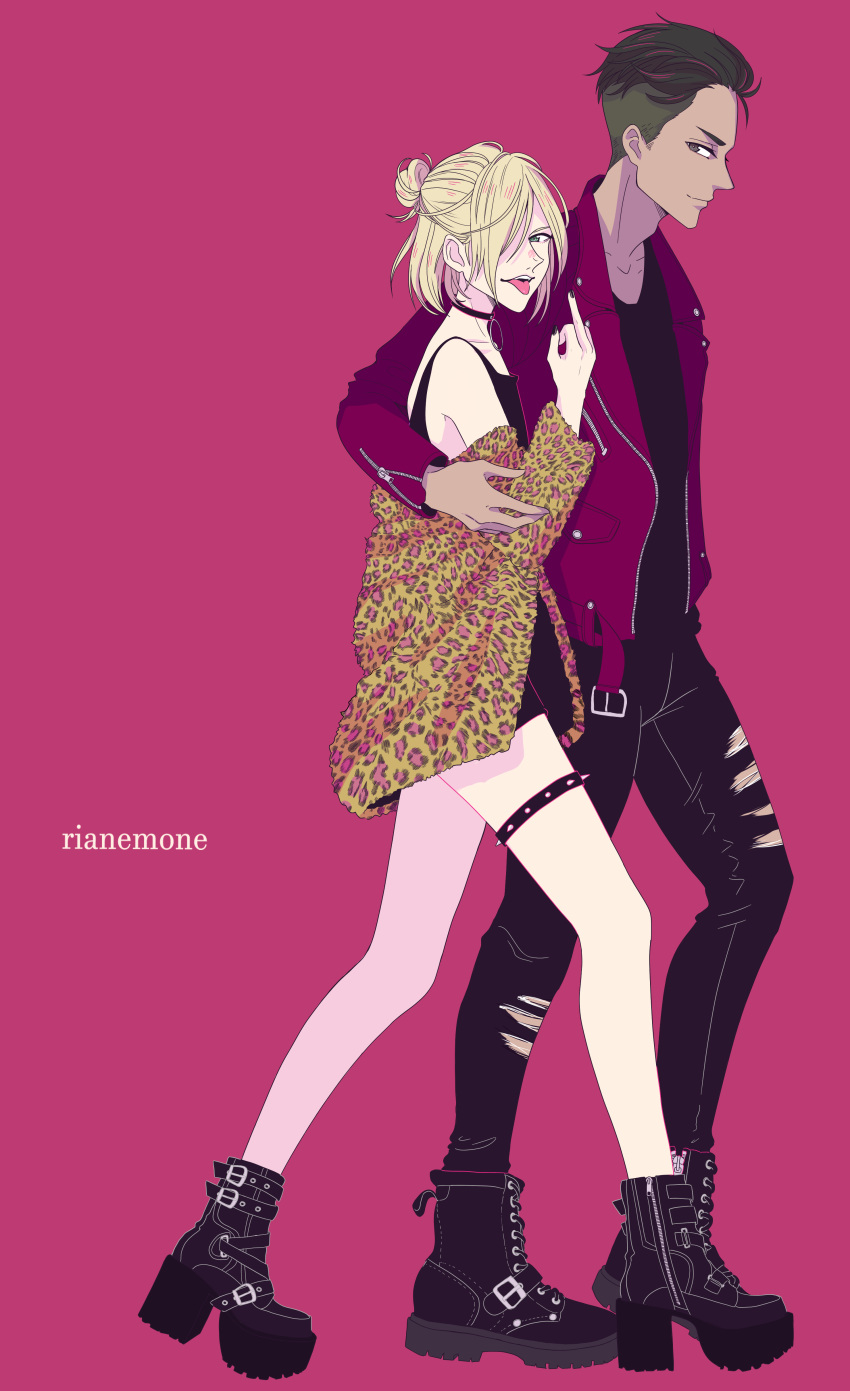 2boys, absurdres, animal_print, artist_name, black_hair, black_nails, blonde_hair, boots