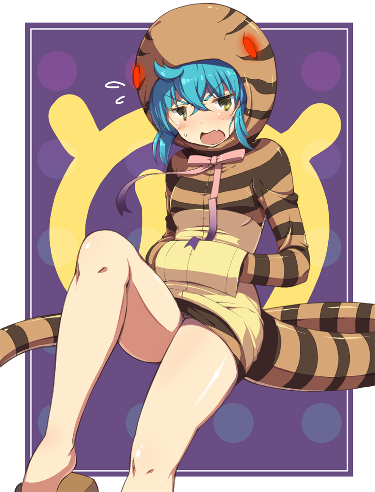 1girl, animal_hood, animal_print, aqua_eyes, bare_legs, blush, fang, half-closed_eyes