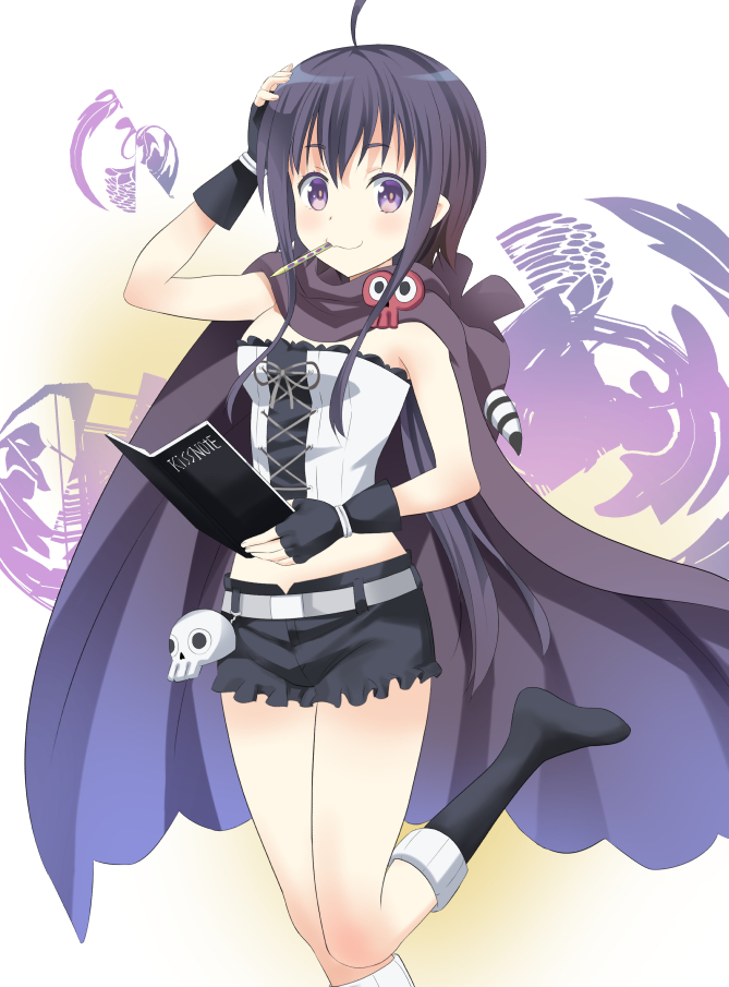 1girl, ahoge, belt, black_hair, boots, cloak, fingerless_gloves, gloves