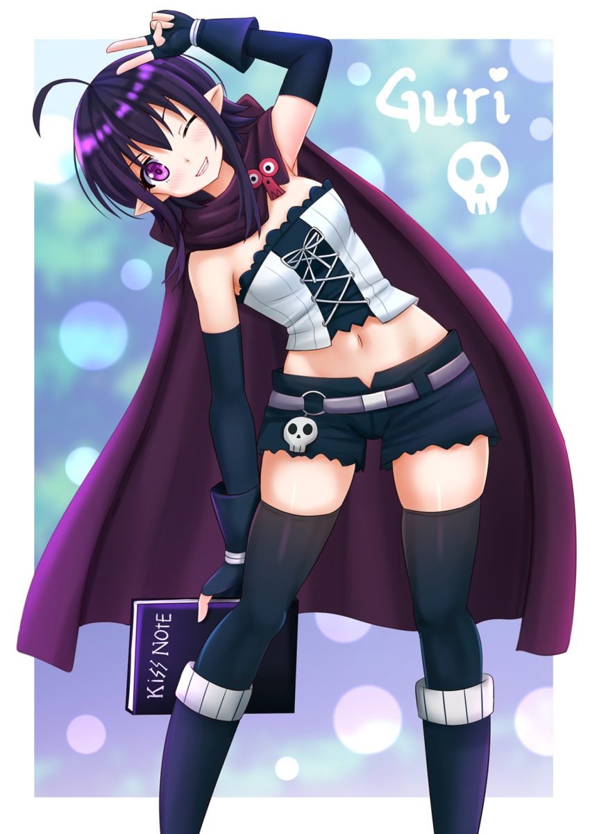 ;), belt, bending, black_hair, black_legwear, blush, boots, cape, character_name, elbow_gloves, fingerless_gloves, gloves, grin, guri, highres, kazenokaze, kiss_note, midriff, navel, one_eye_closed, pointy_ears, renai_boukun, short_hair, shorts, skull, smile, strapless, thigh-highs, tubetop, v, violet_eyes