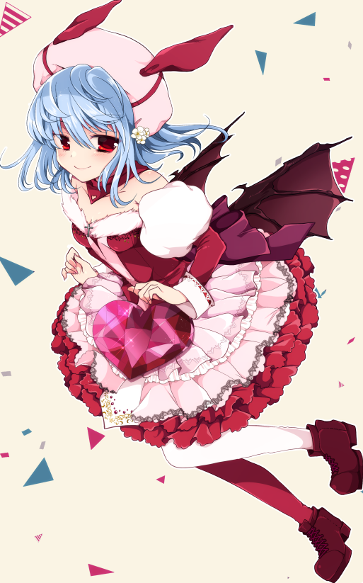 1girl, alternate_costume, alternate_headwear, asymmetrical_legwear, bat_wings, blue_hair, blush, boots