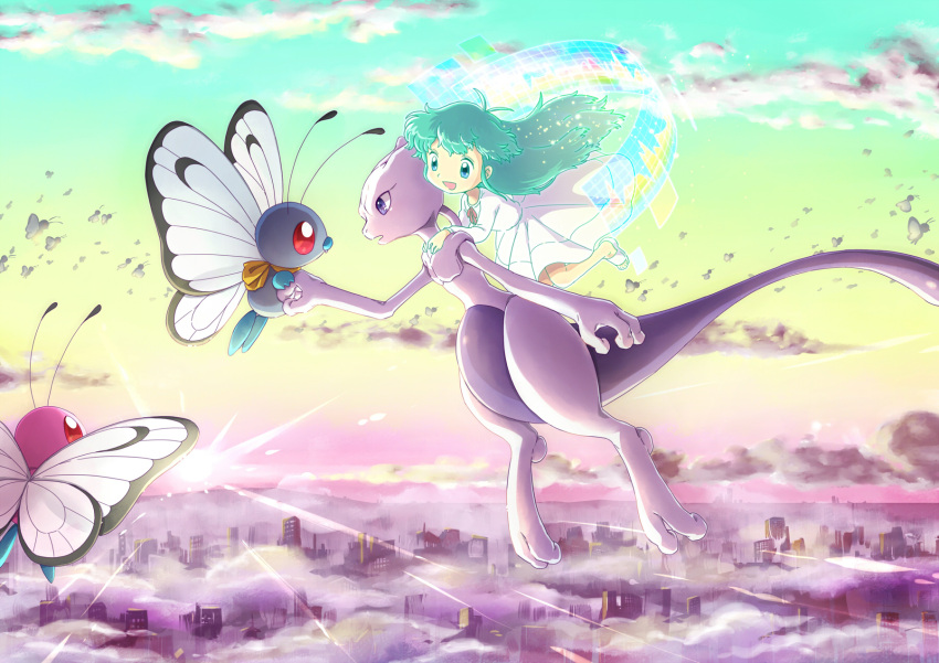 1girl, ai2, ai_(pokemon), alternate_color, blue_eyes, butterfree, child, cityscape, dress, floating, green_hair, highres, mewtwo, pokemon, pokemon_(anime), pokemon_(creature), shiny_pokemon, sunrise, wataametulip, white_dress
