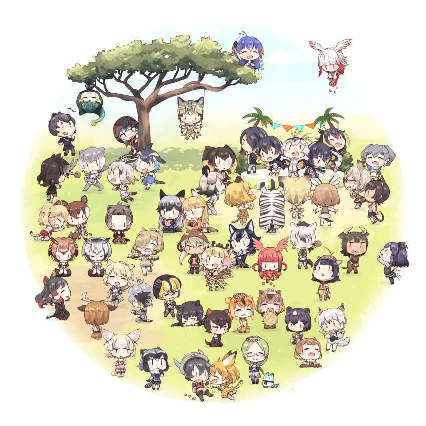 /\/\/\, 0_0, 6+girls, ^_^, aardwolf_(kemono_friends), african_porcupine_(kemono_friends), african_wild_dog_(kemono_friends), ahoge, alpaca_ears, alpaca_suri_(kemono_friends), american_beaver_(kemono_friends), animal_ears, animal_hood, animal_print, ankle_boots, antlers, apron, aqua_eyes, aqua_hair, arabian_oryx_(kemono_friends), arm_up, armor, arms_at_sides, arms_behind_back, arms_up, ascot, aurochs_(kemono_friends), axis_deer_(kemono_friends), backpack, bag, bangs, bare_shoulders, basket, bear_ears, bear_tail, beaver_ears, beret, bird_tail, bird_wings, black-tailed_prairie_dog_(kemono_friends), black_boots, black_footwear, black_gloves, black_hair, black_jacket, black_legwear, black_shirt, black_shoes, black_skirt, black_vest, blazer, blonde_hair, blue_dress, blue_hair, blue_jacket, blue_ribbon, blue_shirt, blue_sky, blunt_bangs, blush, book, boots, bow, bowtie, braid, brown_bear_(kemono_friends), brown_boots, brown_hair, brown_jacket, brown_shorts, brown_skirt, bucket_hat, bush, camouflage, campo_flicker_(kemono_friends), capybara_(kemono_friends), cat_ears, chibi, circlet, clenched_hands, cloak, closed_eyes, clouds, coat, collar, collared_dress, common_dolphin_(kemono_friends), common_raccoon_(kemono_friends), cow_ears, crested_ibis_(kemono_friends), crossed_arms, crossed_bangs, cup, d:, dappled_sunlight, day, denim, denim_shorts, diagonal_stripes, drawstring, dress, drinking, drooling, elbow_gloves, emperor_penguin_(kemono_friends), eurasian_eagle_owl_(kemono_friends), everyone, ezo_red_fox_(kemono_friends), fennec_(kemono_friends), fighting, finger_to_chin, fins, flower, flying, fossa_(kemono_friends), fox_ears, fox_tail, frilled_dress, frilled_lizard_(kemono_friends), frilled_skirt, frilled_sleeves, frilled_swimsuit, frills, from_behind, from_side, full_body, fur-trimmed_boots, fur_collar, fur_trim, gentoo_penguin_(kemono_friends), giant_armadillo_(kemono_friends), glasses, glomp, gloves, golden_snub-nosed_monkey_(kemono_friends), gradient_hair, green_bow, green_bowtie, green_hair, grey_gloves, grey_hair, grey_legwear, grey_shirt, grey_vest, grey_wolf_(kemono_friends), ground, hair_between_eyes, hair_over_one_eye, hair_ribbon, hand_on_hip, hand_on_own_chin, hand_up, hands_on_own_chest, hat, hat_feather, head_wings, head_wreath, hiding, high-waist_skirt, high_ponytail, highres, hippopotamus_(kemono_friends), holding, holding_book, holding_tray, hood, hood_down, hooded_cloak, hooded_jacket, hoodie, horizontal_stripes, horns, hug, humboldt_penguin_(kemono_friends), indian_elephant_(kemono_friends), jacket, jaguar_(kemono_friends), jaguar_ears, japanese_black_bear_(kemono_friends), japanese_crested_ibis_(kemono_friends), kaban_(kemono_friends), kemono_friends, king_cobra_(kemono_friends), kneeling, knees_together_feet_apart, koma_tori, leg_lift, legs_crossed, leotard, light_brown_hair, lion_(kemono_friends), lion_ears, long_hair, long_sleeves, looking_at_another, looking_at_viewer, looking_down, looking_to_the_side, looking_up, low_ponytail, low_twintails, lucky_beast_(kemono_friends), lying, malayan_tapir_(kemono_friends), mane, manga_(object), margay_(kemono_friends), mary_janes, midriff, mirai_(kemono_friends), monkey_ears, monkey_tail, moose_(kemono_friends), moose_ears, multicolored, multicolored_clothes, multicolored_hair, multicolored_legwear, multiple_girls, navel, neck_ribbon, necktie, nervous, ninja, no_nose, no_shoes, north_american_beaver_(kemono_friends), northern_white-faced_owl_(kemono_friends), ocelot_(kemono_friends), okapi_(kemono_friends), on_stomach, one_eye_closed, one_leg_raised, open_clothes, open_hands, open_jacket, open_mouth, orange_hair, orange_jacket, outdoors, own_hands_together, palm_tree, panther_chameleon_(kemono_friends), pantyhose, pantyhose_under_shorts, peacock_feathers, peafowl_(kemono_friends), pince-nez, pink_ribbon, pink_sweater, plaid, plaid_skirt, plains_zebra_(kemono_friends), pleated_skirt, pointing, print_legwear, profile, purple_ribbon, raccoon_(kemono_friends), raccoon_ears, raccoon_tail, reading, red_legwear, red_necktie, red_ribbon, red_shirt, red_skirt, reticulated_giraffe_(kemono_friends), ribbon, rockhopper_penguin_(kemono_friends), royal_penguin_(kemono_friends), running, sailor_collar, sailor_dress, sand_cat_(kemono_friends), scarlet_ibis_(kemono_friends), seiza, serval_(kemono_friends), serval_ears, serval_print, serval_tail, shadow, shirt, shoebill_(kemono_friends), shoes, short_hair_with_long_locks, short_over_long_sleeves, short_sleeves, short_twintails, shorts, shy, side_ponytail, sidelocks, silver_fox_(kemono_friends), sitting, skirt, sky, sleeveless, sleeveless_dress, small-clawed_otter_(kemono_friends), smile, snake_tail, southern_tamandua_(kemono_friends), stage, standing, striped, striped_hoodie, striped_legwear, striped_necktie, striped_tail, sunlight, sweater, sweater_vest, swept_bangs, swimsuit, swing, swinging, tail, tapir_ears, tasmanian_devil_(kemono_friends), teacup, teeth, thomson's_gazelle_(kemono_friends), toeless_legwear, tray, tree, tree_shade, tress_ribbon, triangle_mouth, tsuchinoko_(kemono_friends), turtleneck, twintails, two-tone_hair, underbust, vest, wariza, wavy_mouth, white_footwear, white_gloves, white_hair, white_legwear, white_leotard, white_rhinoceros_(kemono_friends), white_shirt, white_swimsuit, wide_sleeves, wings, wolf_ears, wolf_tail, yellow_bow, yellow_ribbon, yellow_skirt, zebra_print, |_|, |d
