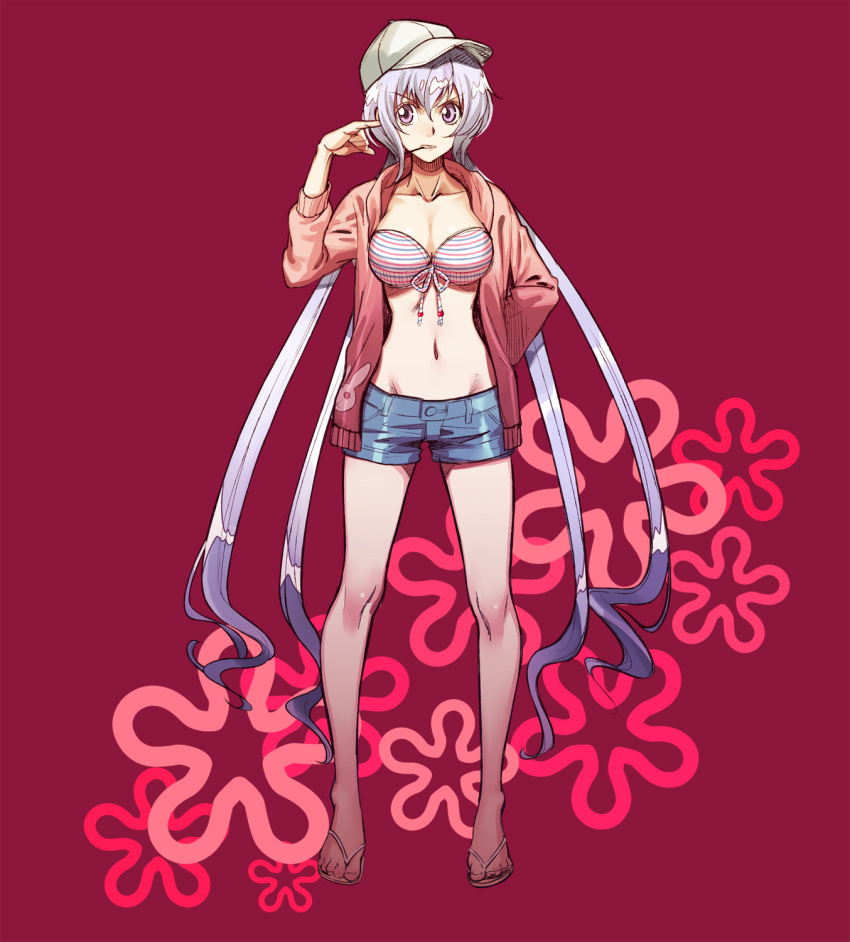 1girl, breasts, cleavage, denim, denim_shorts, flip-flops, front-tie_top, grey_hair