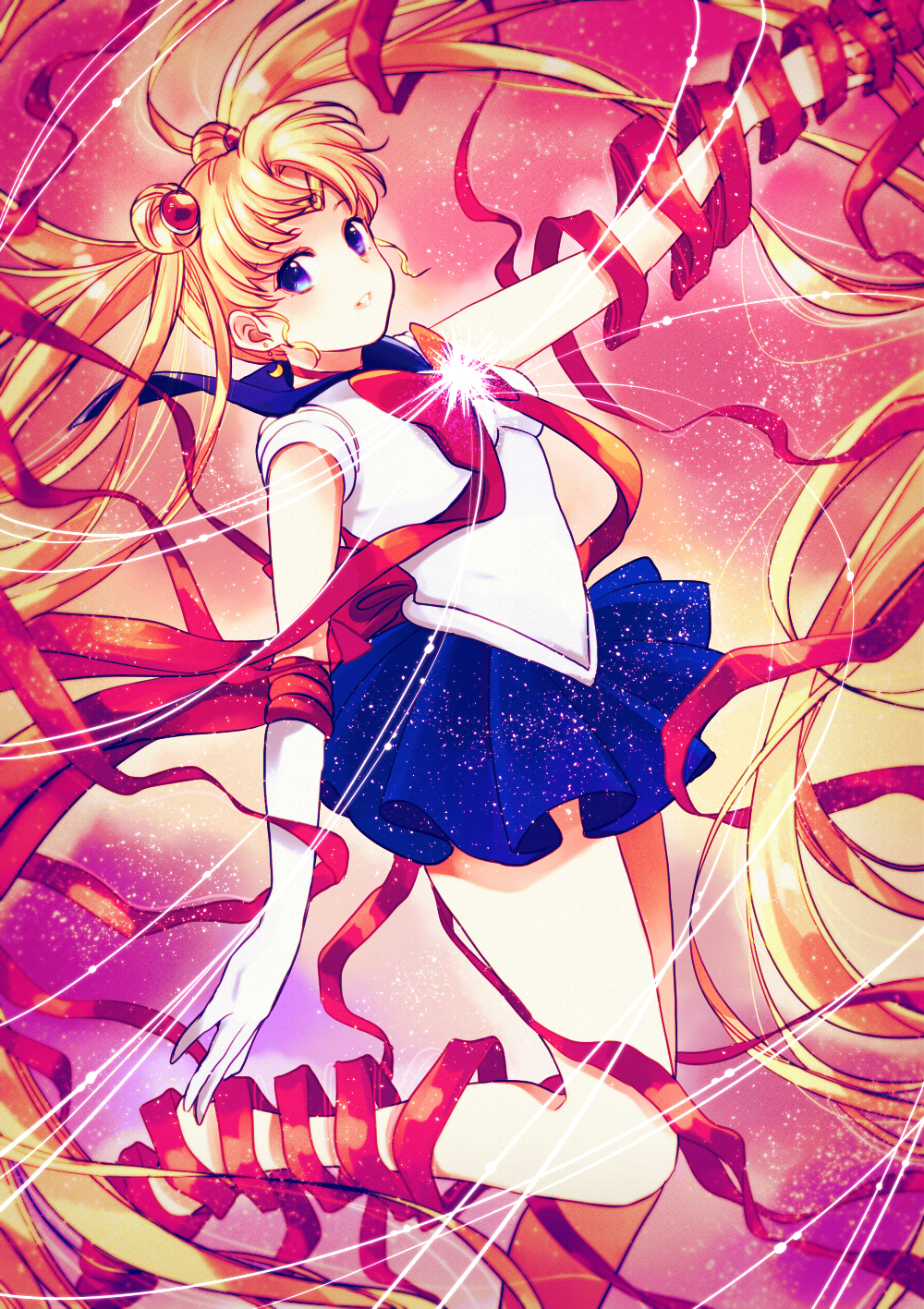 1girl, absurdly_long_hair, bare_legs, bishoujo_senshi_sailor_moon, blonde_hair, blue_eyes, blue_skirt, double_bun