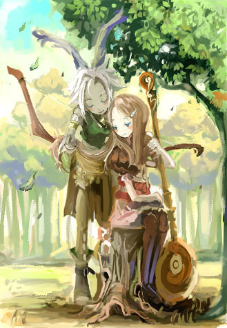 animal_ears, blue_eyes, bow_(weapon), brown_hair, bunny_ears, final_fantasy, final_fantasy_tactics, final_fantasy_tactics_advance, hair_ornament, hairclip, long_hair, lowres, multiple_girls, rabbit_ears, ritz_malheur, rod, shara, smile, tree, trees, viera, weapon, white_hair