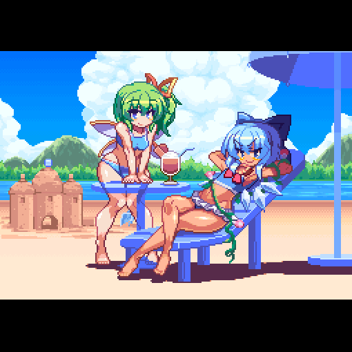 >:), 2girls, animated, animated_gif, arms_behind_head, barefoot, beach, beach_umbrella