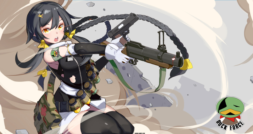 1girl, ammunition_belt, aosora_kamiya, black_legwear, braid, copyright_request, elbow_gloves, finger_on_trigger