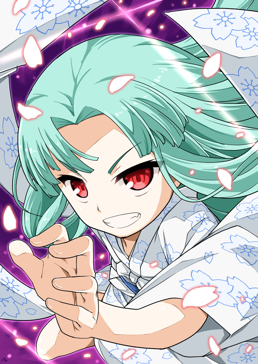 >:), 1girl, aqua_hair, fang, floral_print, grin, japanese_clothes, kimono