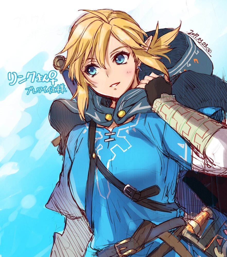 1girl, belt, black_gloves, blonde_hair, blue_eyes, bracer, breasts, cloak, dated, dutch_angle, earrings, female, fingerless_gloves, genderswap, genderswap_(mtf), gloves, hood, hooded_cloak, hoodie, jewelry, link, medium_breasts, pointy_ears, short_ponytail, smile, solo, the_legend_of_zelda, the_legend_of_zelda:_breath_of_the_wild, yajiro_masaru