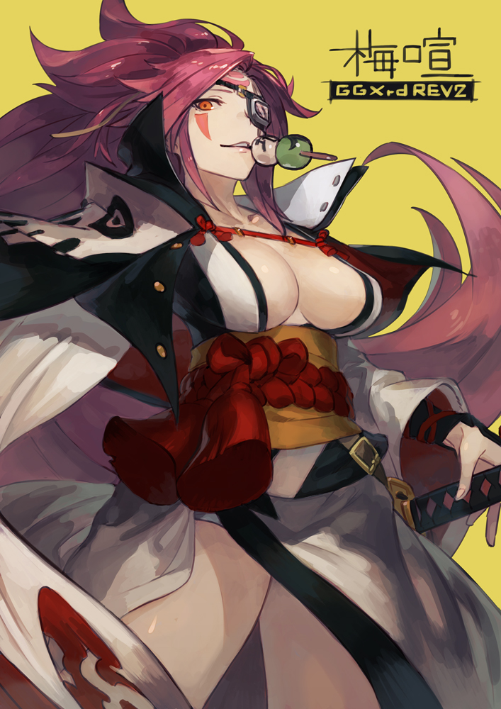 1girl, ainezu, amputee, baiken, breasts, commentary_request, dango, eyepatch
