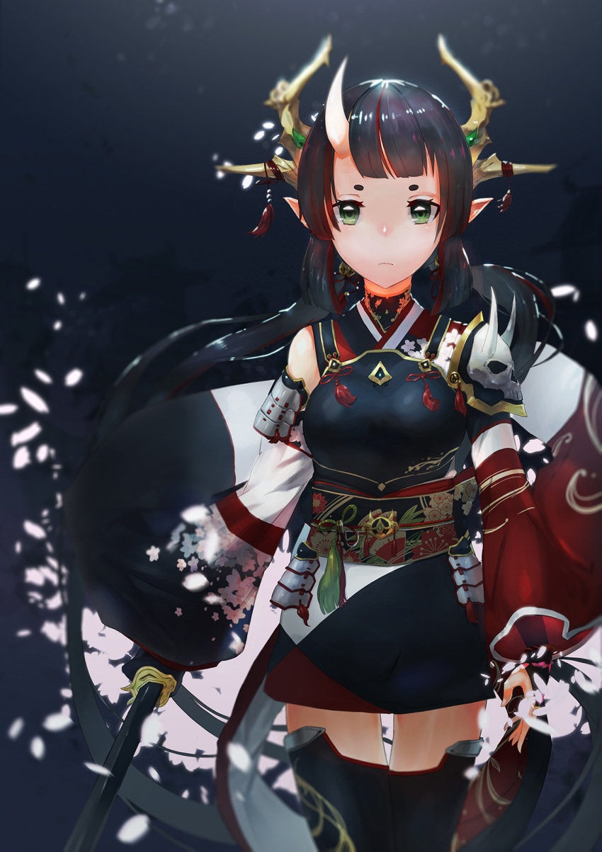 1girl, armor, bangs, black_gloves, black_hair, black_kimono, black_legwear, blunt_bangs