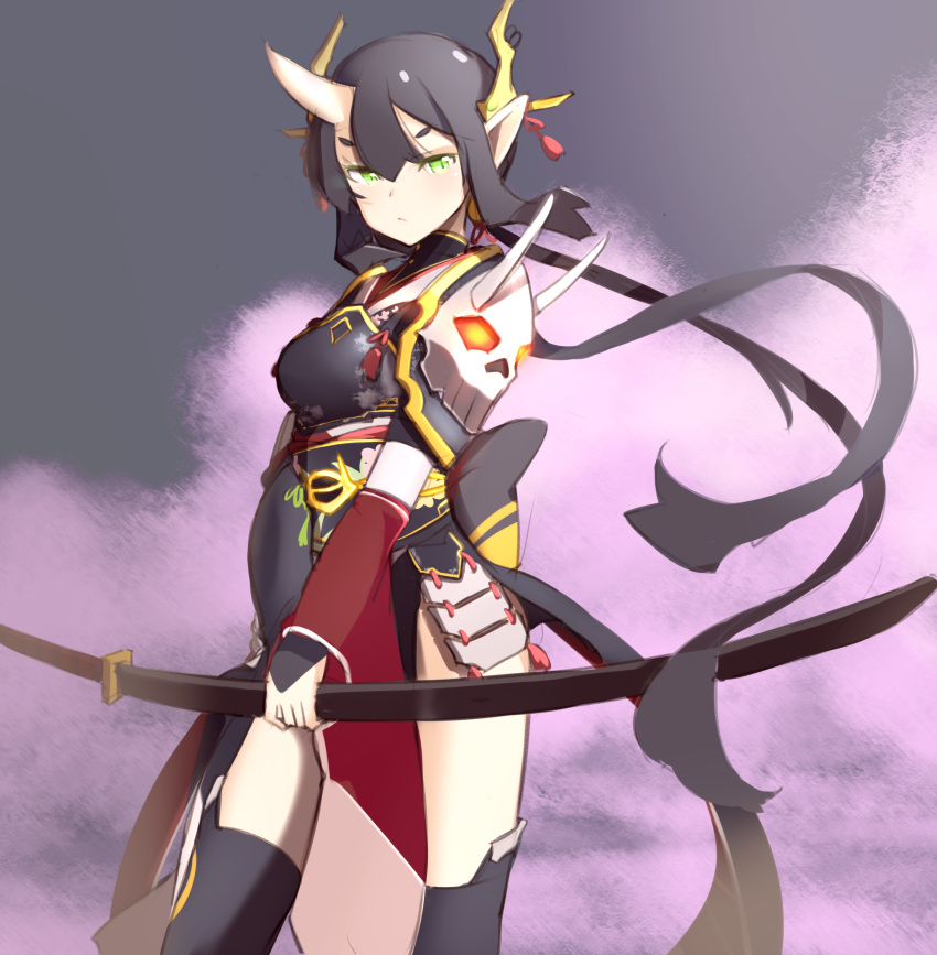 1girl, :<, absurdres, aosora_kamiya, armor, bangs, black_hair, black_legwear