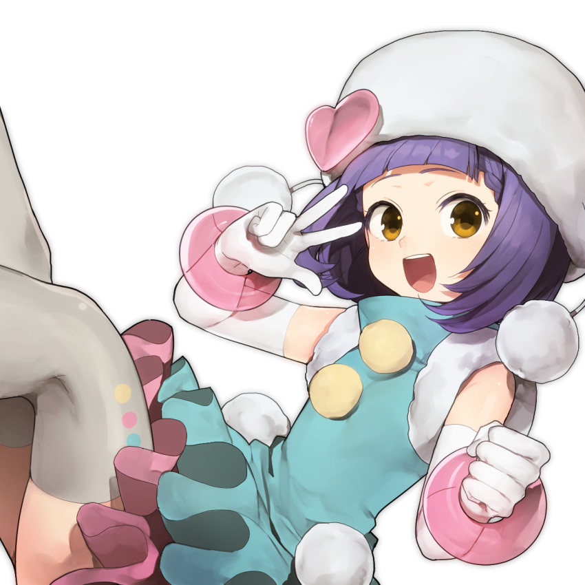 1girl, :d, aqua_dress, aya_(wixoss), bangle, bracelet, brown_eyes, copyright_name, dress, elbow_gloves, from_side, gloves, hat, highres, hitoto, jewelry, jpeg_artifacts, looking_at_viewer, lostorage_wixoss, open_mouth, pom_pom_(clothes), purple_hair, smile, solo, thigh-highs, v, w, white_background, white_gloves, white_legwear, wixoss