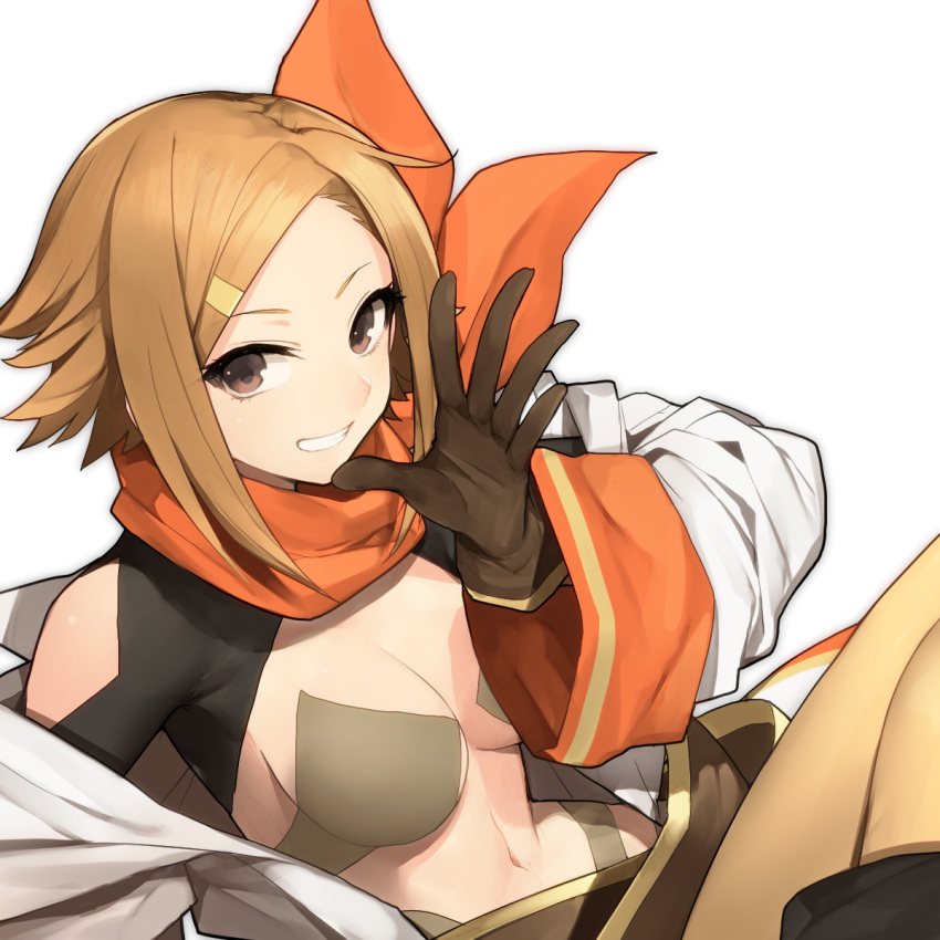 1girl, breasts, brown_eyes, brown_hair, cleavage, dona_(wixoss), gloves, grin