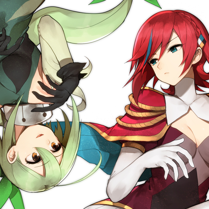 >:(, 2girls, ahoge, aqua_eyes, black_gloves, braid, breasts, capelet