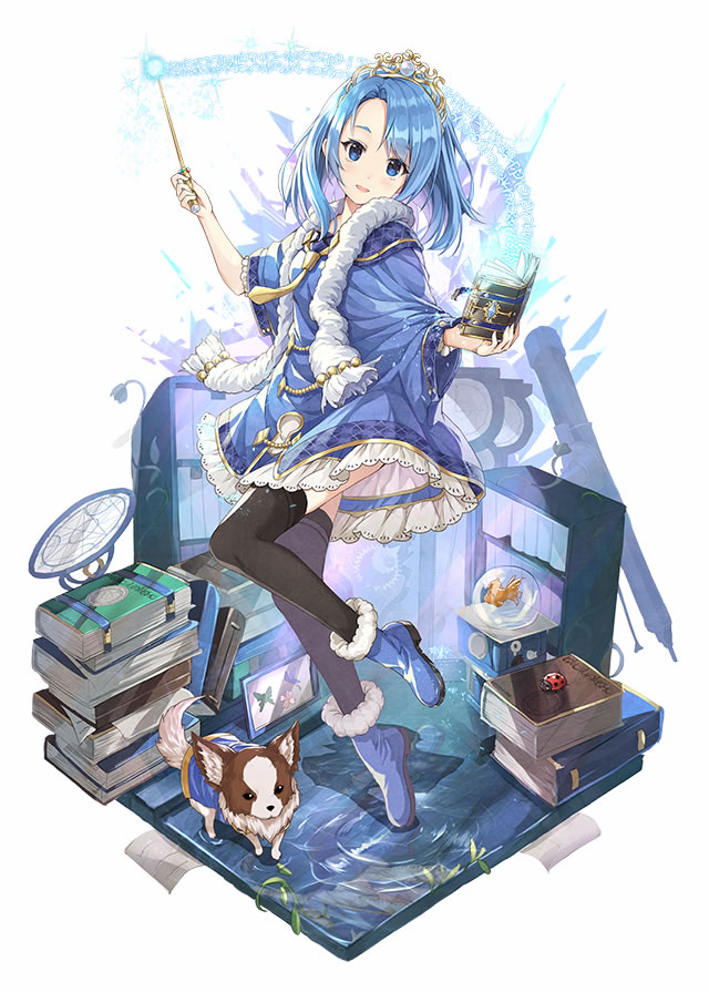 1girl, :d, animal, bangs, black_legwear, blue_boots, blue_eyes, blue_hair