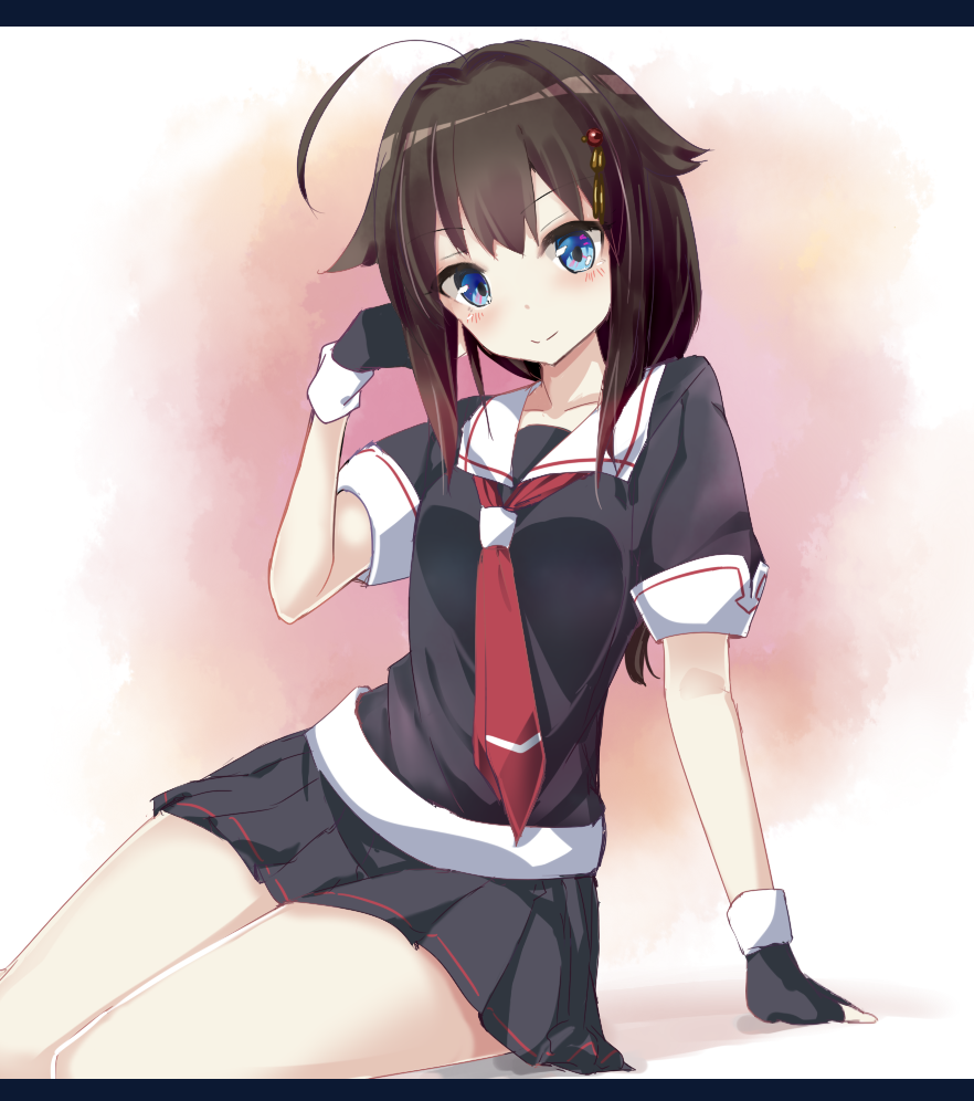 1girl, ahoge, arm_support, black_serafuku, blue_eyes, blush, brown_hair, fingerless_gloves