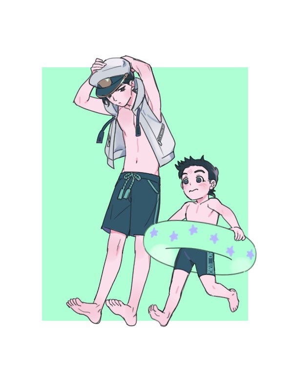 2boys, barefoot, black_eyes, black_hair, child, hat, hood, hoodie