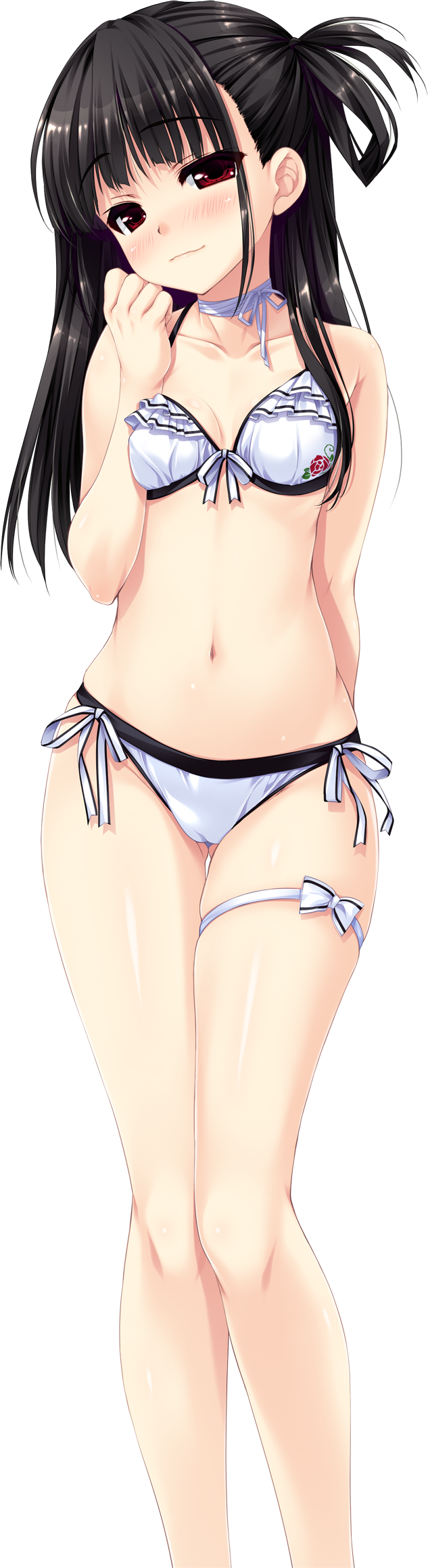 1girl, arms_behind_back, bikini, black_hair, blush, frilled_bikini, frills, front-tie_bikini
