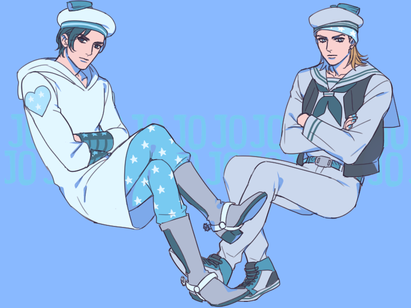 2boys, aqua_nails, blonde_hair, blue_eyes, blue_hair, boots, cosplay, costume_switch, cowboy_boots, crossed_arms, hat, heart, johnny_joestar, johnny_joestar_(cosplay), jojo_no_kimyou_na_bouken, jojolion, kira_yoshikage_(jojolion), kira_yoshikage_(jojolion)_(cosplay), legs_crossed, male_focus, multiple_boys, nail_polish, reammara, sailor, sailor_hat, shoes, sneakers, spurs, star, star_print, vest