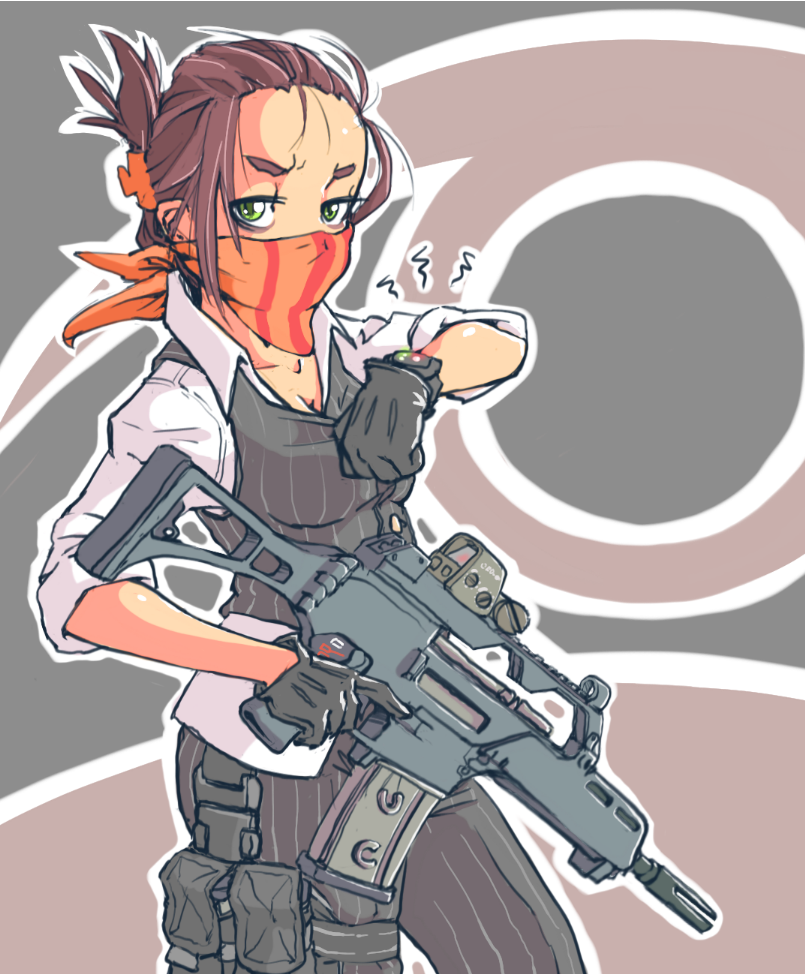 1girl, assault_rifle, bandana_over_mouth, black_gloves, breasts, brown_hair, cleavage, exalt_operative, folded_ponytail, g36c, gloves, green_eyes, gun, jarv, looking_at_viewer, medium_breasts, rifle, sleeves_rolled_up, solo, standing, striped_bandana, trigger_discipline, vest, weapon, x-com