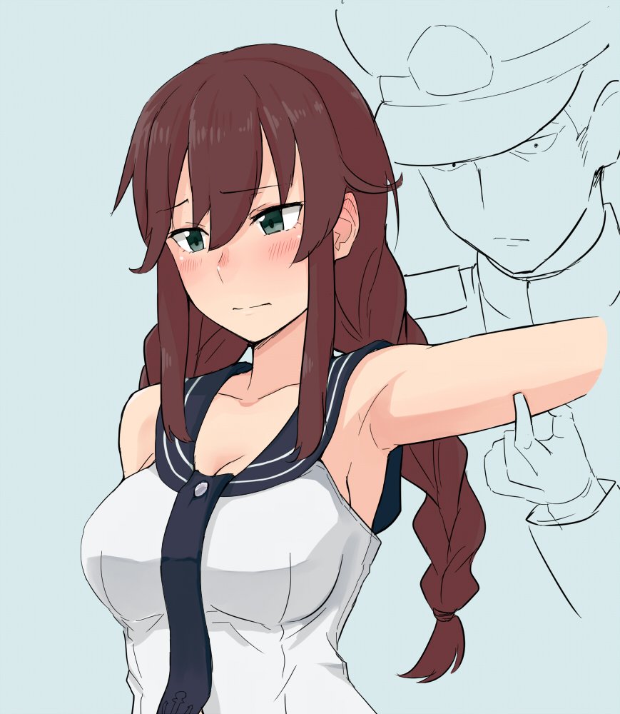 1boy, 1girl, admiral_(kantai_collection), arm_up, armpits, blue_background, braid, breasts