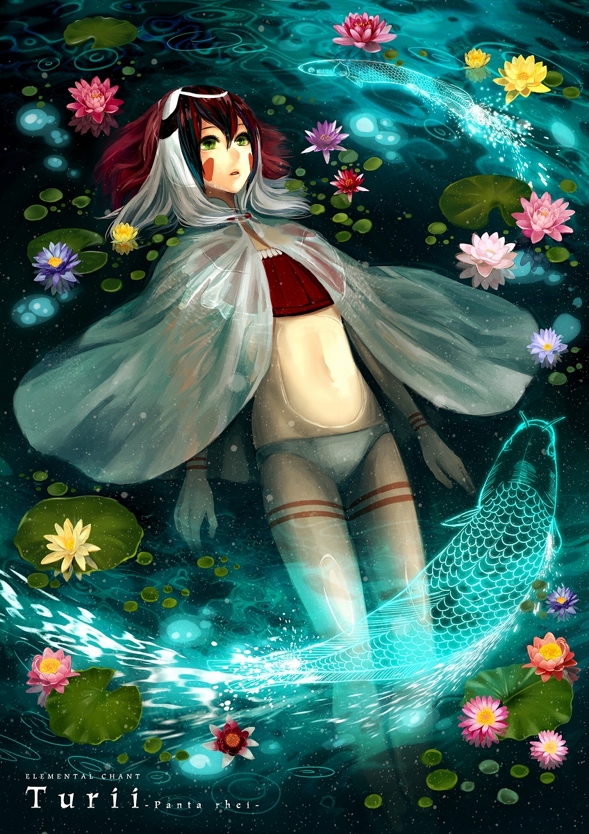 bad_id, beatmania, brown_hair, face_paint, facepaint, fish, floating, flower, green_eyes, highres, lily_pad, lilypads, lotus, lying, marukuto, midriff, multicolored_hair, navel, on_back, siro, water