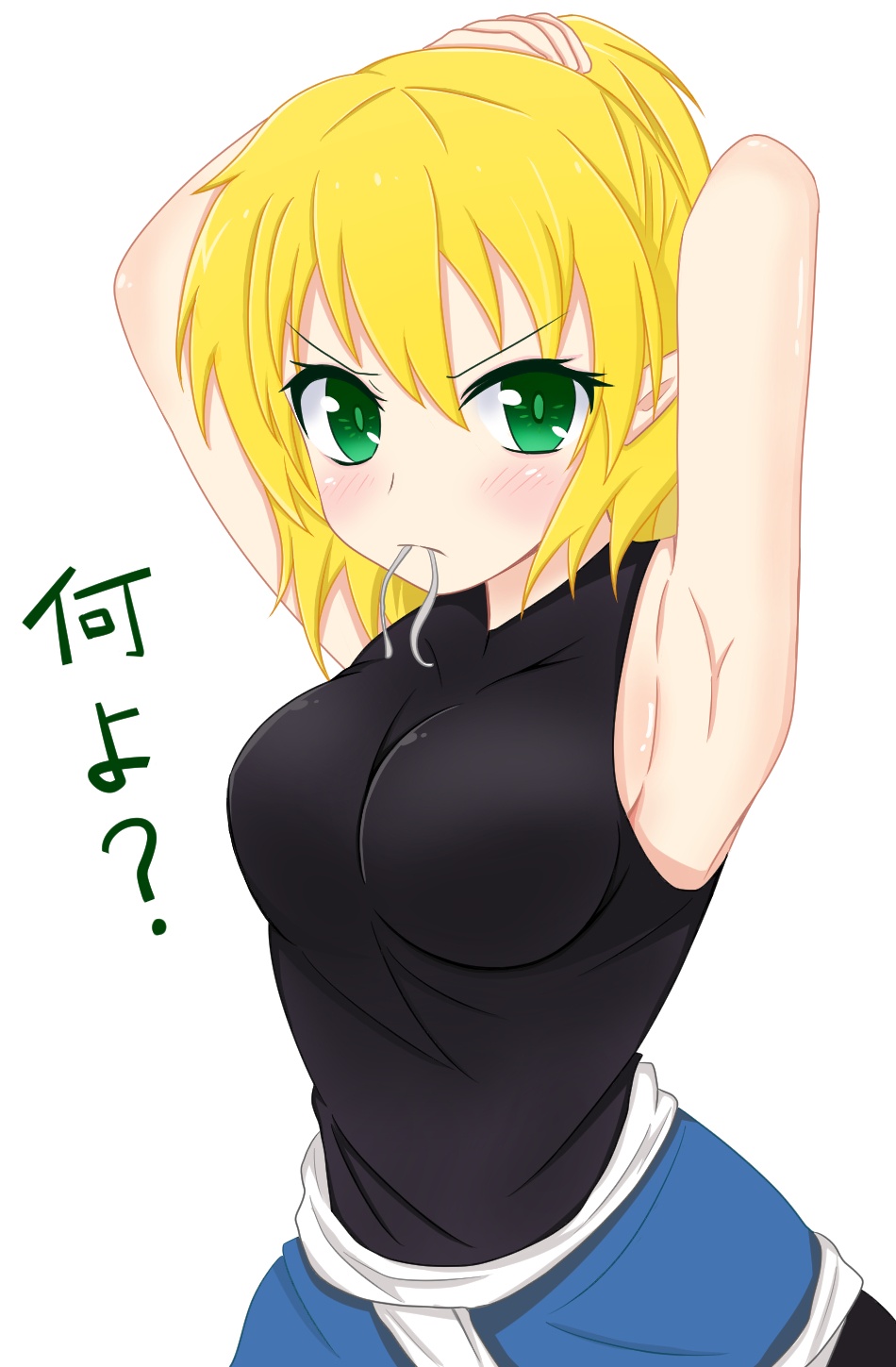 >:(, 1girl, angry, annoyed, armpits, arms_behind_head, arms_up, blonde_hair, blush, breasts, green_eyes, hair_tie, highres, looking_at_viewer, medium_breasts, mizuhashi_parsee, pointy_ears, short_hair, shunki, sideboob, sleeveless, solo, touhou, tying_hair, upper_body