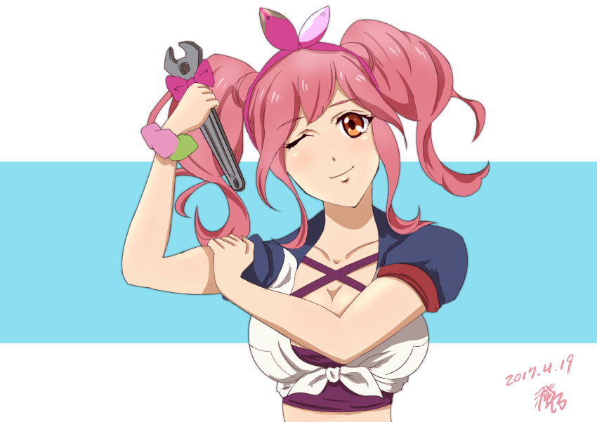 1girl, ;), birthday, breasts, criss-cross_halter, flexing, hairband, halterneck, highres, large_breasts, macross, macross_delta, makina_nakajima, one_eye_closed, orange_eyes, pink_hair, pose, smile, solo, sumino, twintails, wrench
