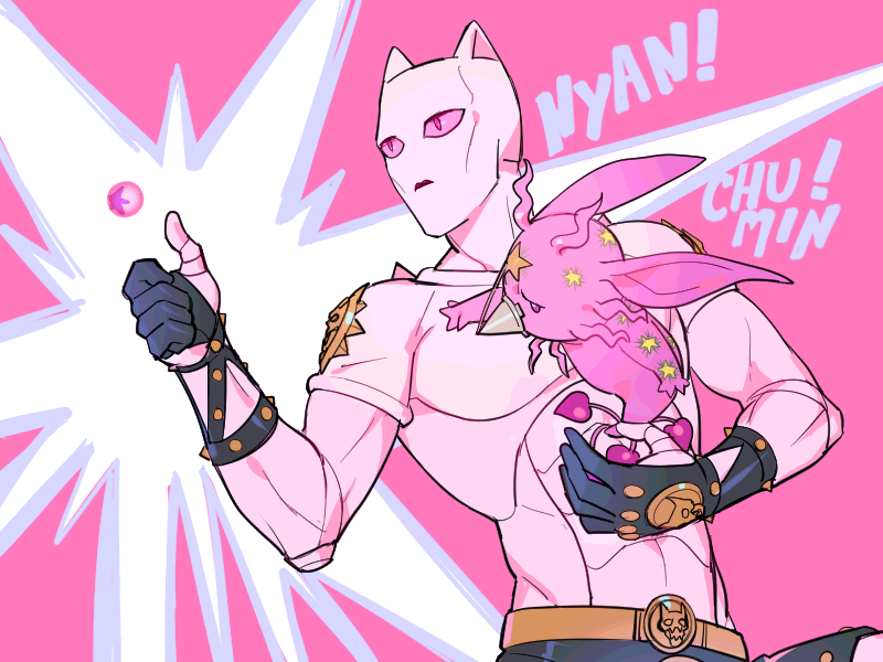 bubble, gloves, jojo_no_kimyou_na_bouken, jojolion, killer_queen, no_humans, partly_fingerless_gloves, pink_eyes