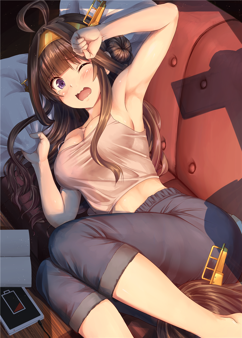 2girls, ahoge, alternate_costume, armpits, bare_shoulders, bent_knees, blush, breasts, brown_hair, casual, charging, cleavage, contemporary, crop_top, denim, double_bun, hairband, headgear, hiei_(kantai_collection), ichikawa_feesu, jeans, kantai_collection, kongou_(kantai_collection), large_breasts, long_hair, looking_at_another, looking_at_viewer, lying, midriff, multiple_girls, on_side, one_eye_closed, open_mouth, pants, remodel_(kantai_collection), silhouette, t-head_admiral, violet_eyes, wavy_mouth