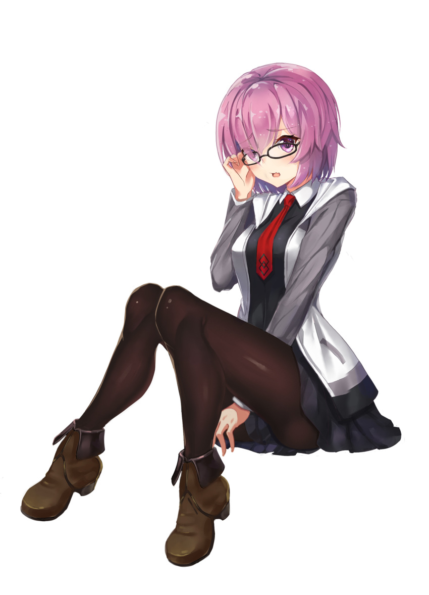 bencao_gangmu_(19), between_legs, black_legwear, blue_eyes, fate/grand_order, fate_(series), glasses, hand_between_legs, highres, holding, holding_glasses, looking_at_viewer, necktie, pink_hair, pleated_skirt, red_necktie, shielder_(fate/grand_order), short_hair, sitting, skirt, thigh-highs