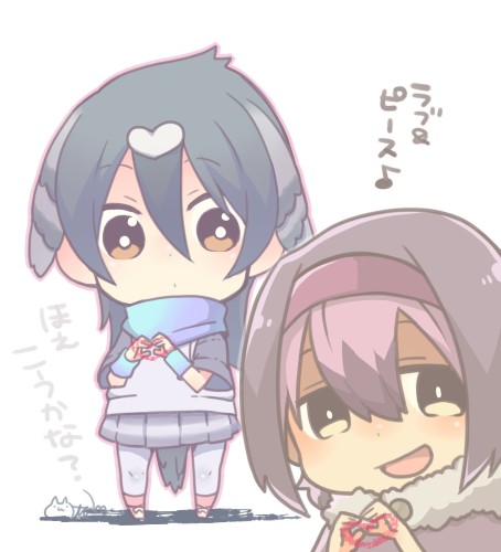 2girls, :d, artist_name, bird_tail, bird_wings, black_hair, blush, brown_eyes