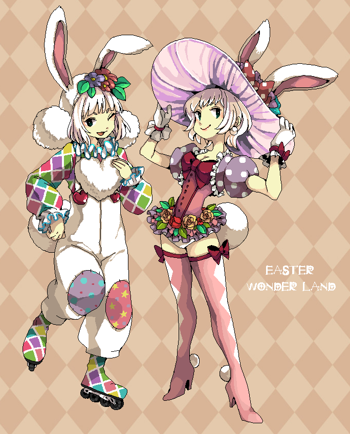 2girls, ;d, adjusting_clothes, adjusting_hat, animal_ears, argyle, argyle_background, boots