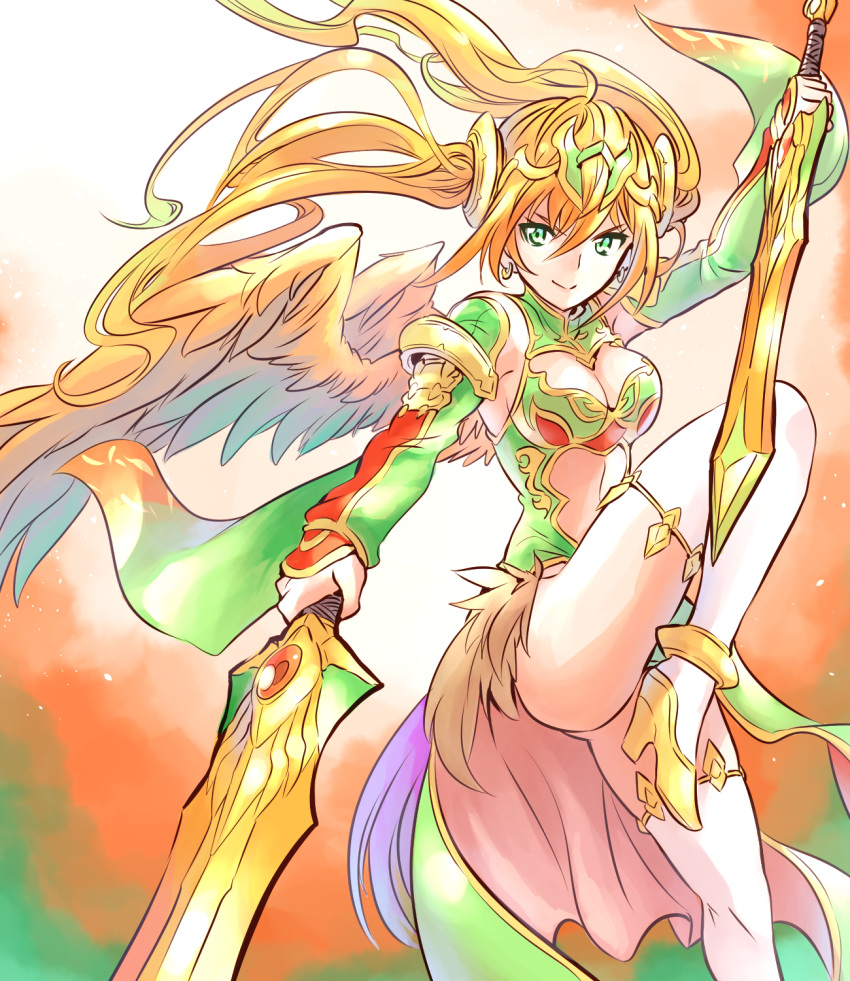 1girl, ahoge, anklet, breasts, chinese_clothes, cleavage, cleavage_cutout, dual_wielding, earrings, feathered_wings, fighting_stance, forehead_protector, green_eyes, high_heels, highres, ishiyumi, jewelry, leg_up, leilan_(p&amp;d), long_hair, looking_at_viewer, medium_breasts, orange_hair, puzzle_&amp;_dragons, standing, standing_on_one_leg, sword, thigh_strap, twintails, very_long_hair, weapon, wind, wings