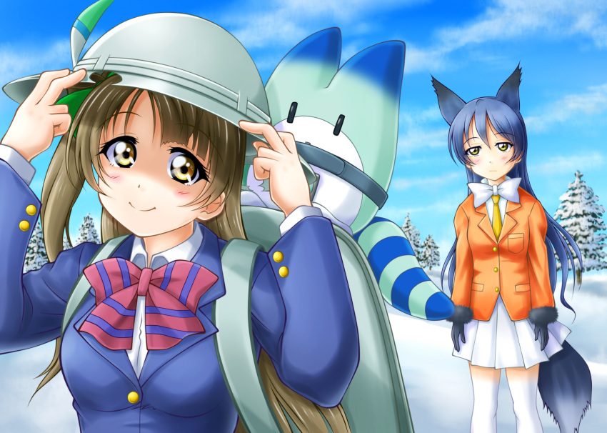 2girls, :/, animal_ears, arms_at_sides, black_gloves, blazer, blue_hair, blush