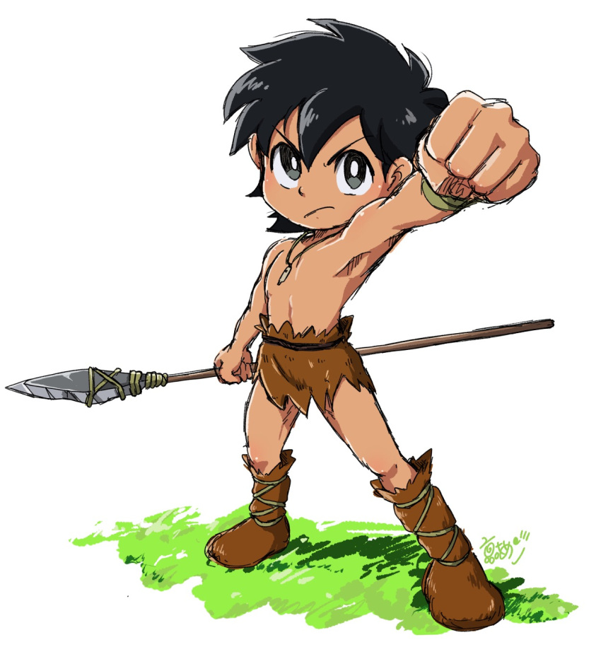 1boy, arm_up, black_hair, boots, doraemon, doraemon:_nobita_no_nihon_tanjou, full_body, grey_eyes