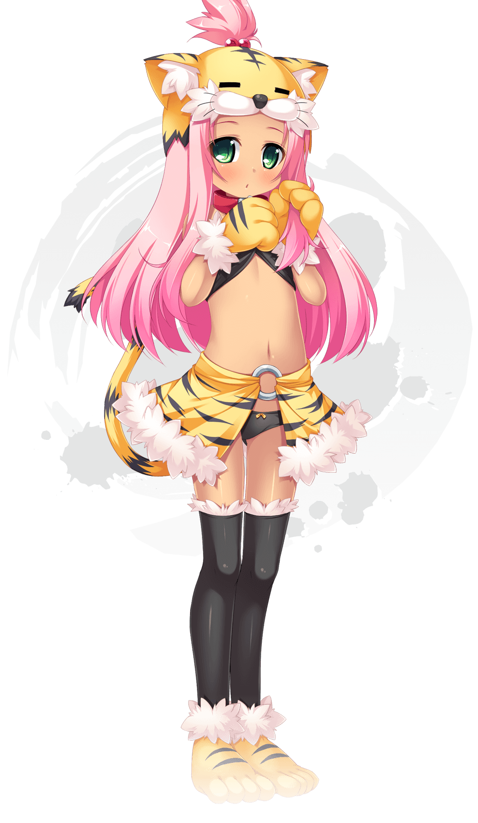 1girl, animal_ears, bikini_top, black_legwear, black_panties, cat_ears, cat_tail, collar