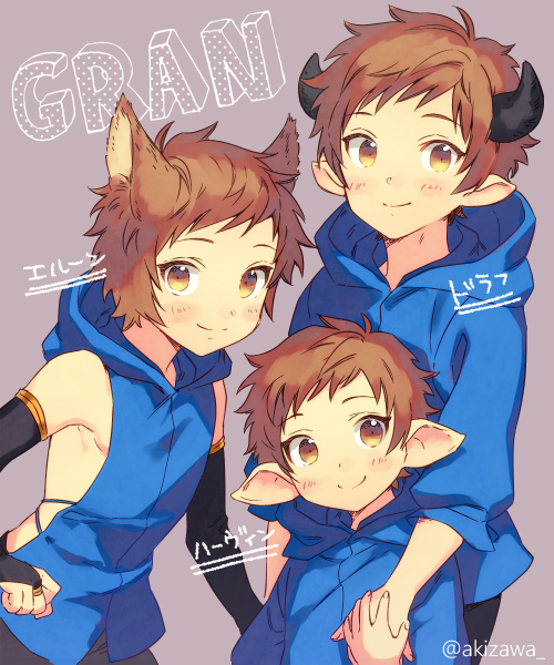 3boys, akiki0, animal_ears, backless_outfit, bridal_gauntlets, brown_hair, character_name, cow_horns, doraf, elbow_gloves, erun_(granblue_fantasy), fighter_(granblue_fantasy), gloves, gran_(granblue_fantasy), granblue_fantasy, grey_background, harbin, hood, hoodie, horns, looking_at_viewer, multiple_boys, multiple_persona, pointy_ears, short_hair, simple_background, smile, twitter_username, younger